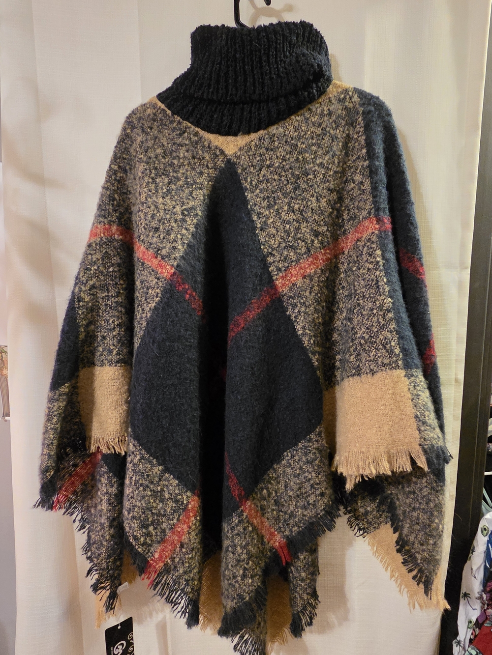 Black and Tan Plaid Turtleneck Poncho Sweater